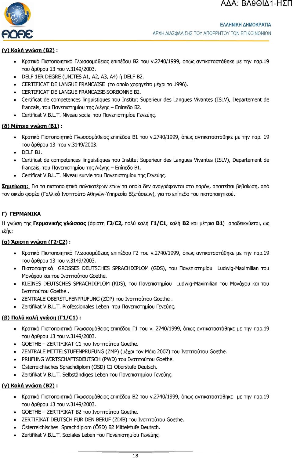 Certificat de competences linguistiques του Institut Superieur des Langues Vivantes (ISLV), Departement de francais, του Πανεπιστημίου της Λιέγης Επίπεδο Β2. Certificat V.B.L.T.
