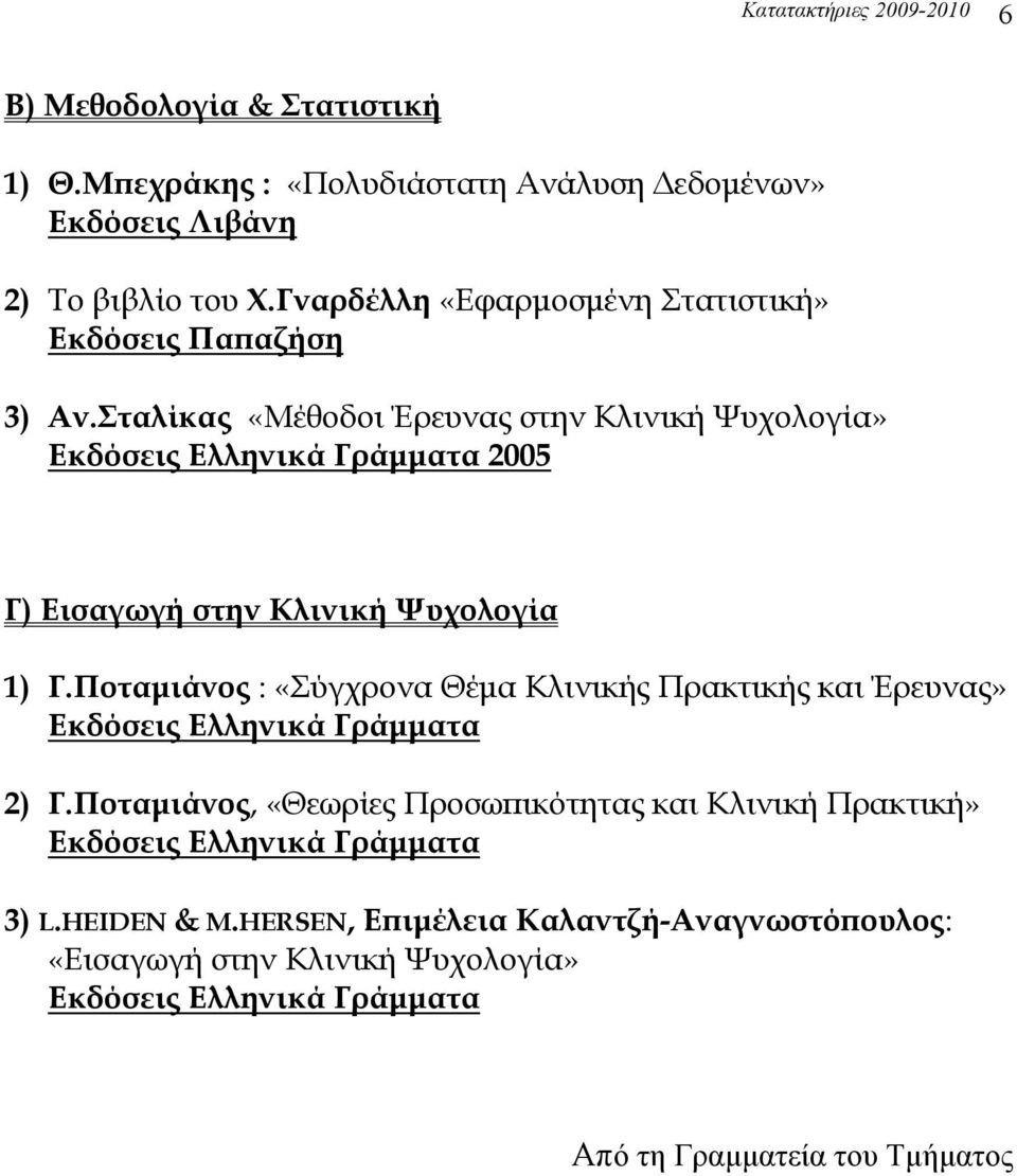 Σταλίκας «Μέθοδοι Έρευνας στην Κλινική Ψυχολογία» Εκδόσεις Ελληνικά Γράμματα 2005 Γ) Εισαγωγή στην Κλινική Ψυχολογία 1) Γ.