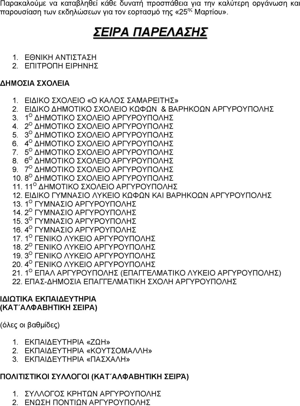 2 Ο ΔΗΜΟΤΙΚΟ ΣΧΟΛΕΙΟ ΑΡΓΥΡΟΥΠΟΛΗΣ 5. 3 Ο ΔΗΜΟΤΙΚΟ ΣΧΟΛΕΙΟ ΑΡΓΥΡΟΥΠΟΛΗΣ 6. 4 Ο ΔΗΜΟΤΙΚΟ ΣΧΟΛΕΙΟ ΑΡΓΥΡΟΥΠΟΛΗΣ 7. 5 Ο ΔΗΜΟΤΙΚΟ ΣΧΟΛΕΙΟ ΑΡΓΥΡΟΥΠΟΛΗΣ 8. 6 Ο ΔΗΜΟΤΙΚΟ ΣΧΟΛΕΙΟ ΑΡΓΥΡΟΥΠΟΛΗΣ 9.