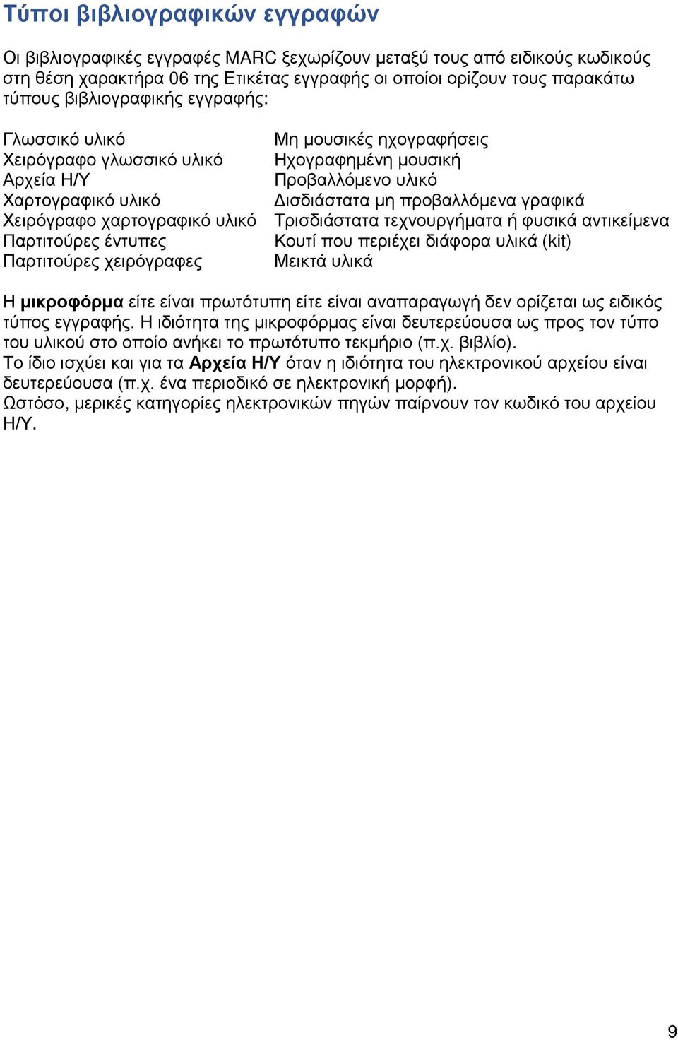 Χειρόγραφο χαρτογραφικό υλικό Τρισδιάστατα τεχνουργήματα ή φυσικά αντικείμενα Παρτιτούρες έντυπες Κουτί που περιέχει διάφορα υλικά (kit) Παρτιτούρες χειρόγραφες Μεικτά υλικά Η μικροφόρμα είτε είναι