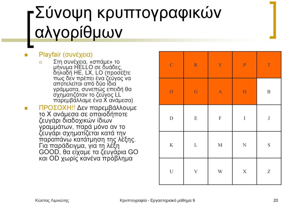 ! Δεν παρεμβάλλουμε το X ανάμεσα σε οποιοδήποτε ζευγάρι διαδοχικών ίδιων γραμμάτων, παρά μόνο αν το ζευγάρι σχηματίζεται κατά την παραπάνω κατάτμηση