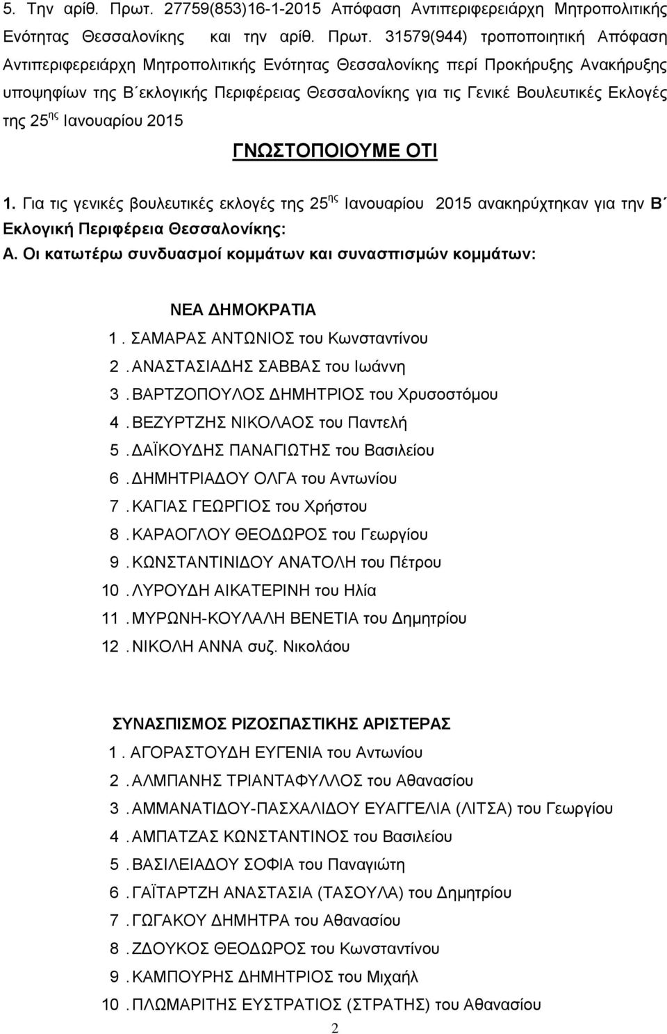 31579(944) τροποποιητική Απόφαση Αντιπεριφερειάρχη Μητροπολιτικής Ενότητας Θεσσαλονίκης περί Προκήρυξης Ανακήρυξης υποψηφίων της Β εκλογικής Περιφέρειας Θεσσαλονίκης για τις Γενικέ Βουλευτικές