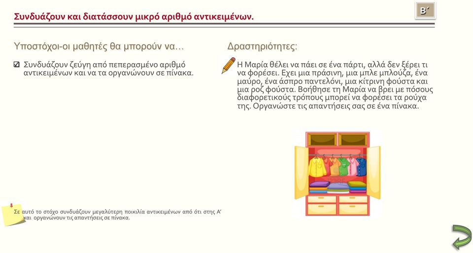 Εχει μια πράσινη, μια μπλε μπλούζα, ένα μαύρο, ένα άσπρο παντελόνι, μια κίτρινη φούστα και μια ροζ φούστα.