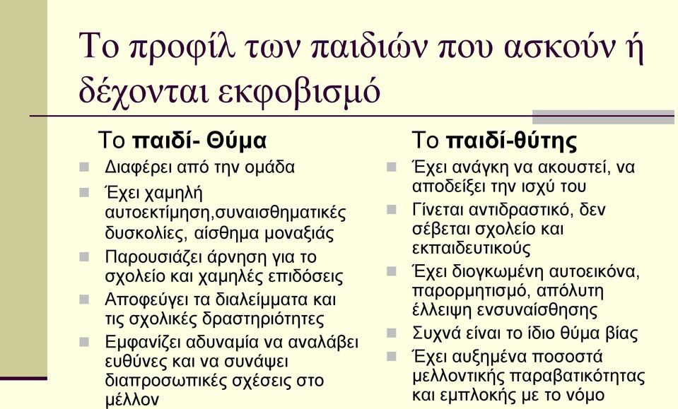 συνάψει διαπροσωπικές σχέσεις στο μέλλον Το παιδί-θύτης Έχει ανάγκη να ακουστεί, να αποδείξει την ισχύ του Γίνεται αντιδραστικό, δεν σέβεται σχολείο και