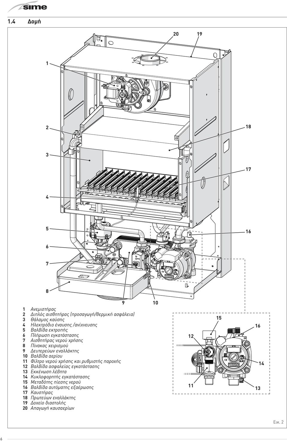αερίου 11 Φίλτρο νερού χρήσης και ρυθμιστής παροχής 12 Βαλβίδα ασφαλείας εγκατάστασης 13 Εκκένωση λέβητα 14 Κυκλοφορητής εγκατάστασης 15