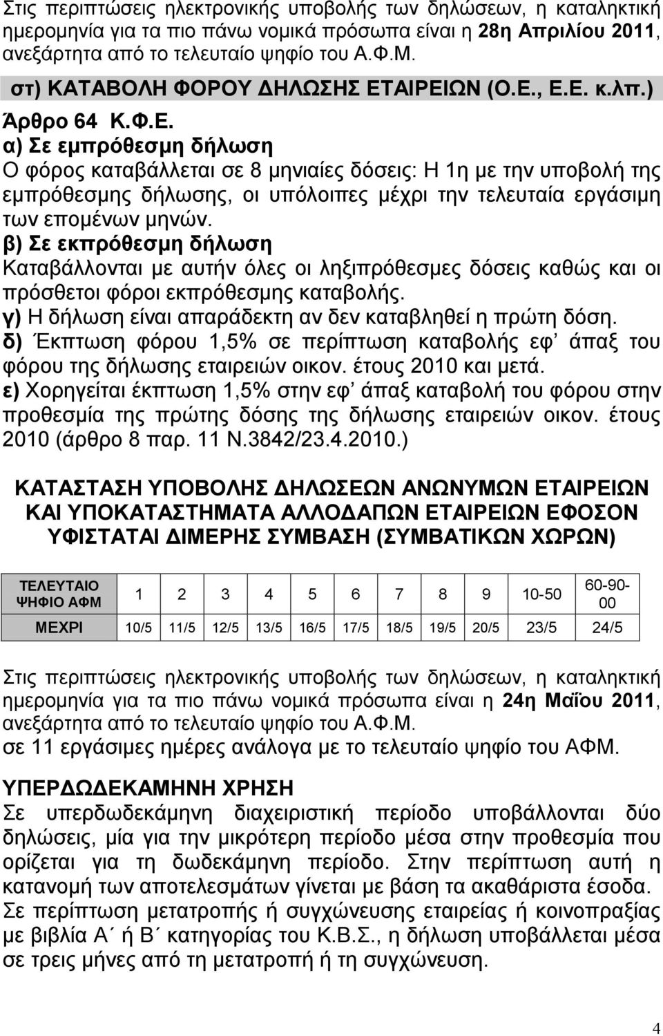 ΑΙΡΕΙΩΝ (Ο.Ε., Ε.Ε. κ.λπ.) Άρθρο 64 Κ.Φ.Ε. α) Σε εμπρόθεσμη δήλωση Ο φόρος καταβάλλεται σε 8 μηνιαίες δόσεις: Η 1η με την υποβολή της εμπρόθεσμης δήλωσης, οι υπόλοιπες μέχρι την τελευταία εργάσιμη των επομένων μηνών.