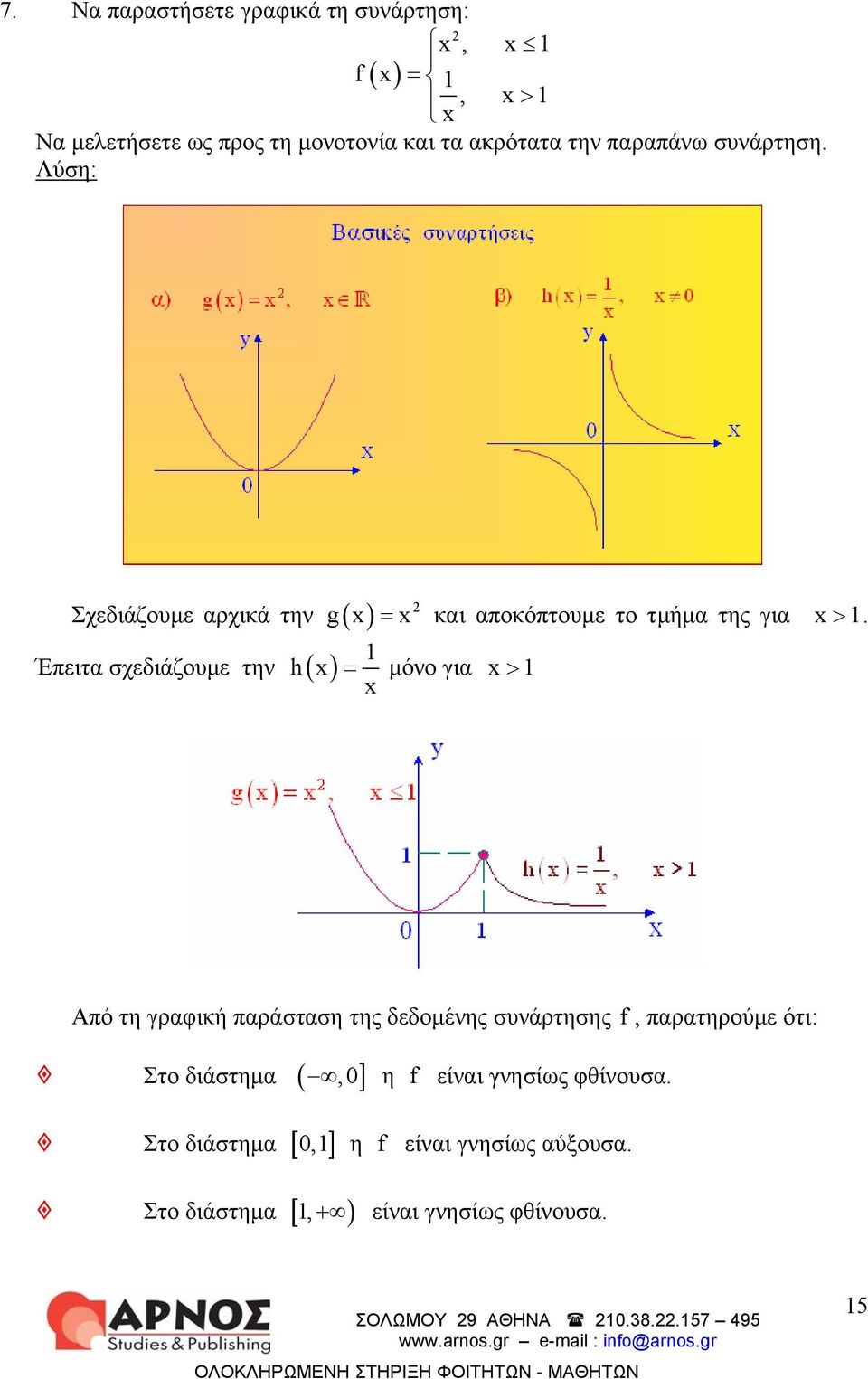 = μόνο για x > x Από τη γραφική παράσταση της δεδομένης συνάρτησης, παρατηρούμε ότι: Στο διάστημα (,] η είναι γνησίως φθίνουσα.