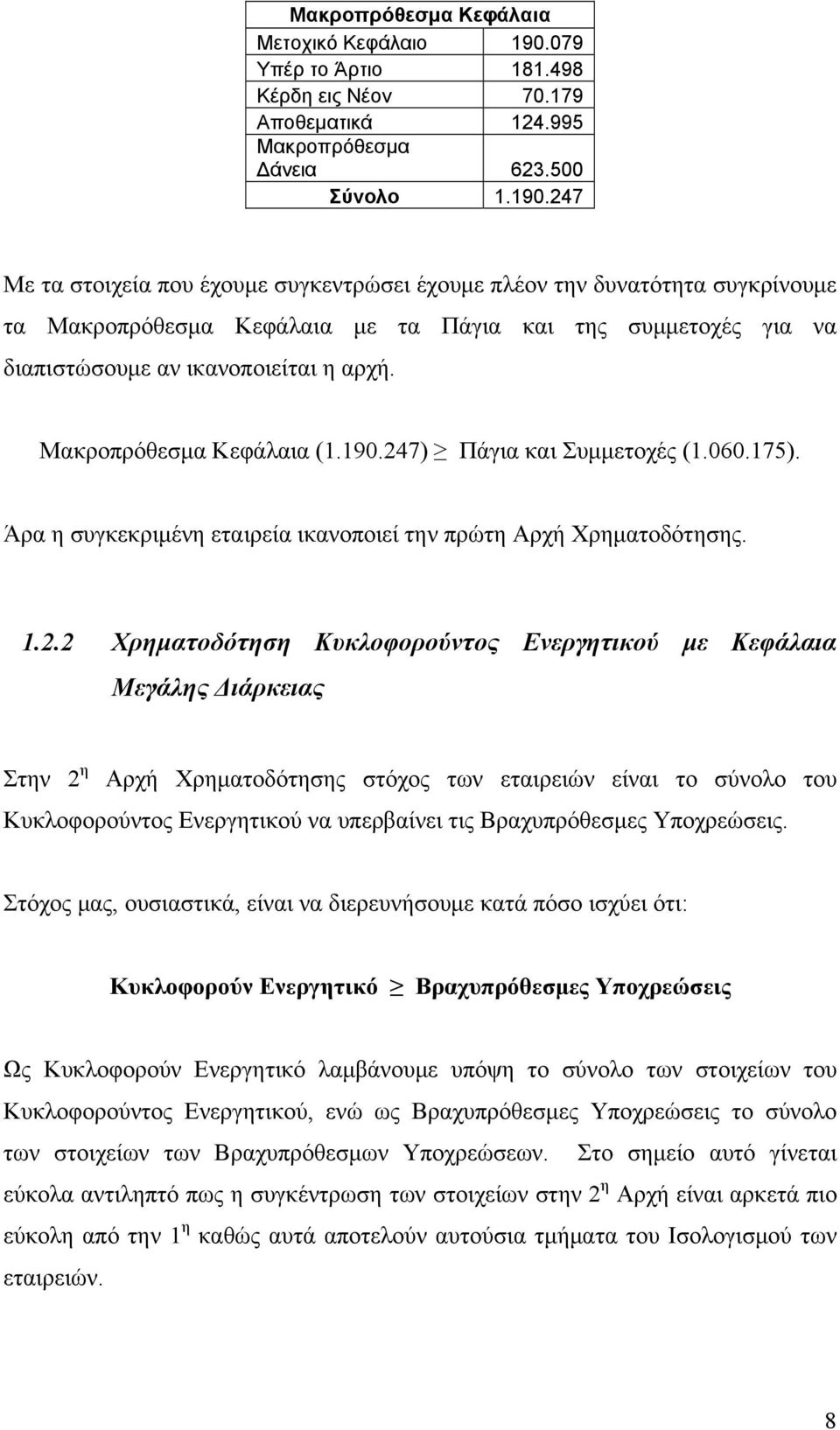 Μακροπρόθεσμα Κεφάλαια (.9.7) Πάγια και Συμμετοχές (..75). Άρα η συγκεκριμένη εταιρεία ικανοποιεί την πρώτη Αρχή Χρηματοδότησης.