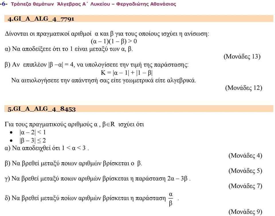 β) Αν επιπλέον β α = 4, να υπολογίσετε την τιμή της παράστασης: Κ = α 1 + 1 β Να αιτιολογήσετε την απάντησή σας είτε γεωμετρικά είτε αλγεβρικά.