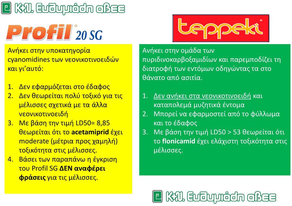 Με βάση την τιμή LD50= 8,85 θεωρείται ότι το acetamiprid έχει moderate (μέτρια προς χαμηλή) τοξικότητα στις μέλισσες. 4.