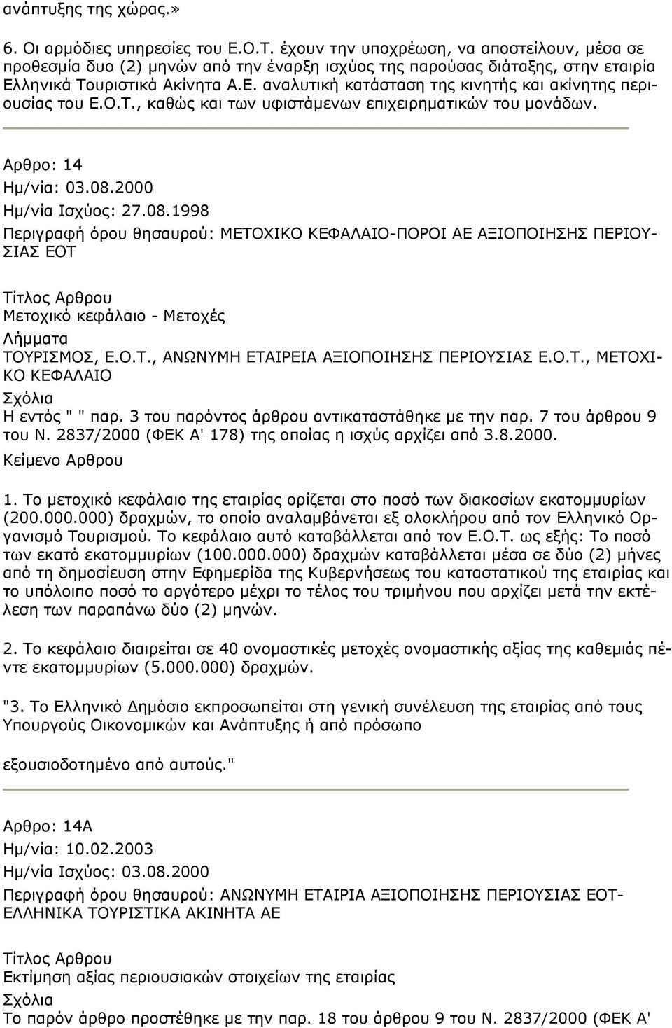 Ο.Τ., καθώς και των υφιστάμενων επιχειρηματικών του μονάδων. Αρθρο: 14 Ημ/νία: 03.08.