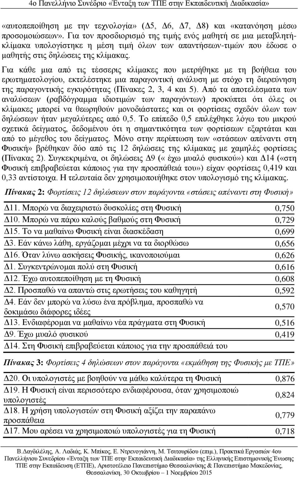 Για κάθε μια από τις τέσσερις κλίμακες που μετρήθηκε με τη βοήθεια του ερωτηματολογίου, εκτελέστηκε μια παραγοντική ανάλυση με στόχο τη διερεύνηση της παραγοντικής εγκυρότητας (Πίνακες 2, 3, 4 και 5).