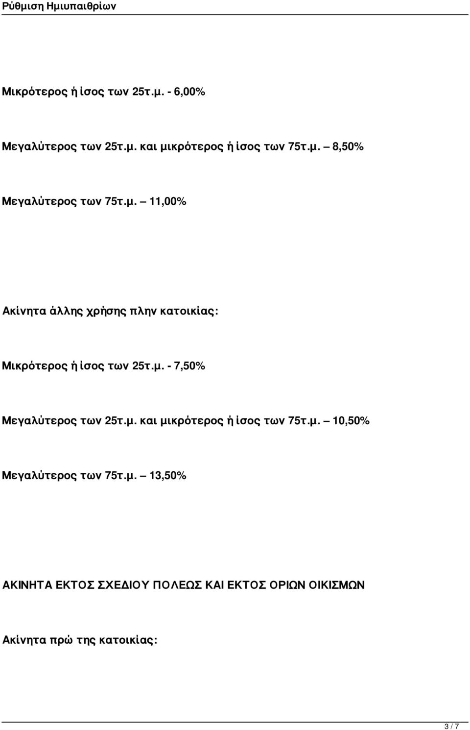 μ. και μικρότερος ή ίσος των 75τ.μ. 10,50% Μεγαλύτερος των 75τ.μ. 13,50% ΑΚΙΝΗΤΑ ΕΚΤΟΣ ΣΧΕΔΙΟΥ ΠΟΛΕΩΣ ΚΑΙ ΕΚΤΟΣ ΟΡΙΩΝ ΟΙΚΙΣΜΩΝ Ακίνητα πρώτης κατοικίας: 3 / 7