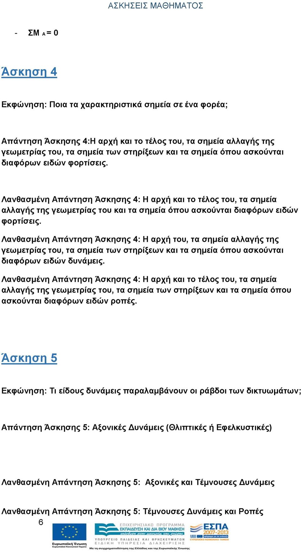 Λανθασμένη Απάντηση Άσκησης 4: Η αρχή του, τα σημεία αλλαγής της γεωμετρίας του, τα σημεία των στηρίξεων και τα σημεία όπου ασκούνται διαφόρων ειδών δυνάμεις.