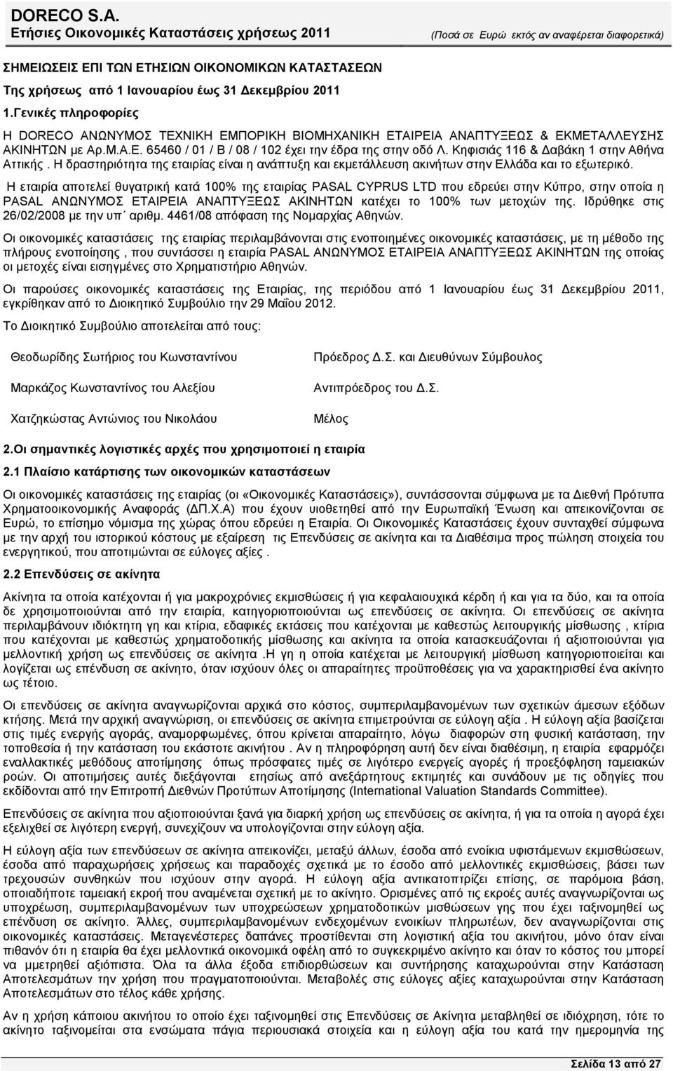 Κηφισιάς 116 & αβάκη 1 στην Αθήνα Αττικής. Η δραστηριότητα της εταιρίας είναι η ανάπτυξη και εκµετάλλευση ακινήτων στην Ελλάδα και το εξωτερικό.