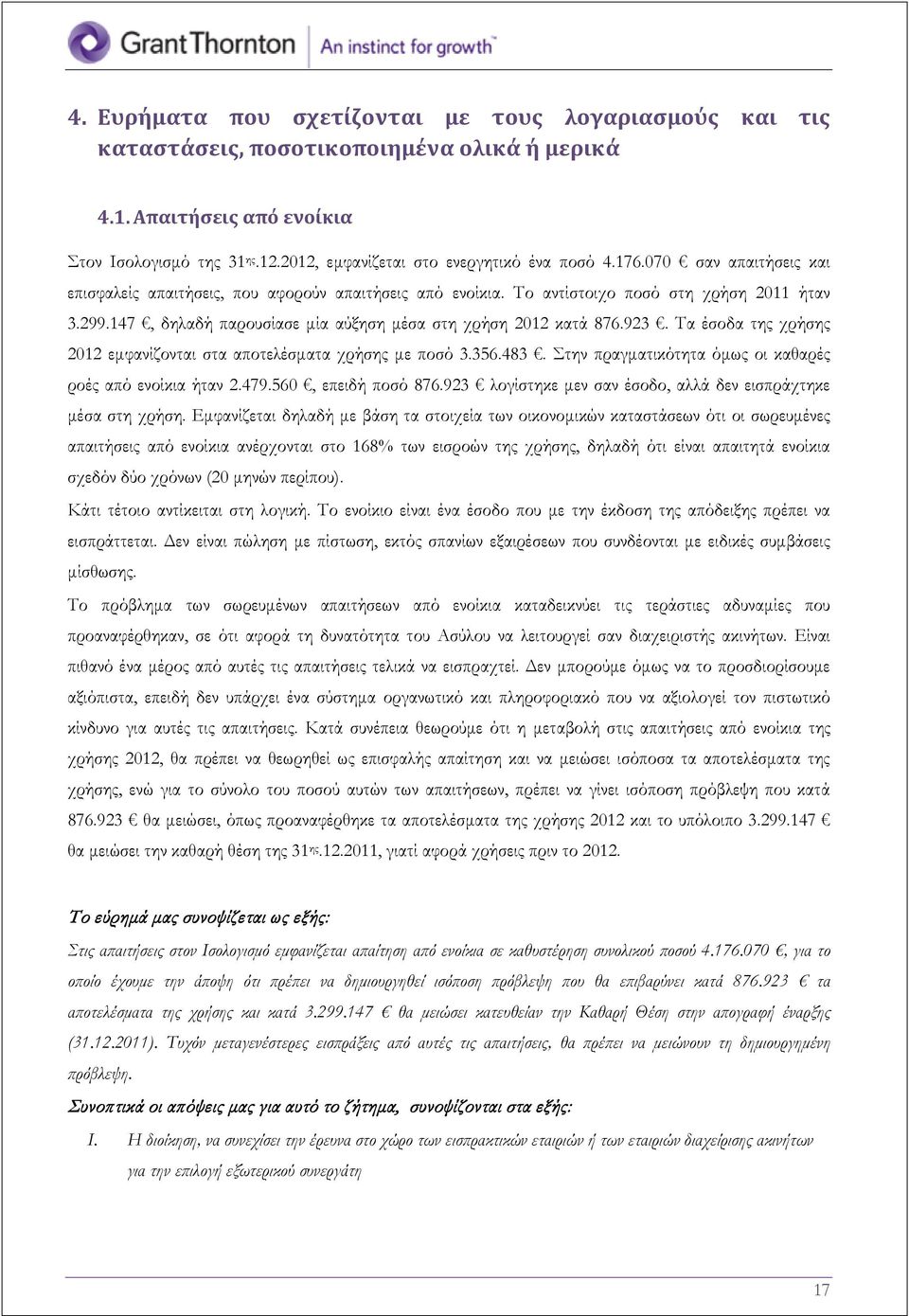147, δηλαδή παρουσίασε μία αύξηση μέσα στη χρήση 2012 κατά 876.923. Τα έσοδα της χρήσης 2012 εμφανίζονται στα αποτελέσματα χρήσης με ποσό 3.356.483.