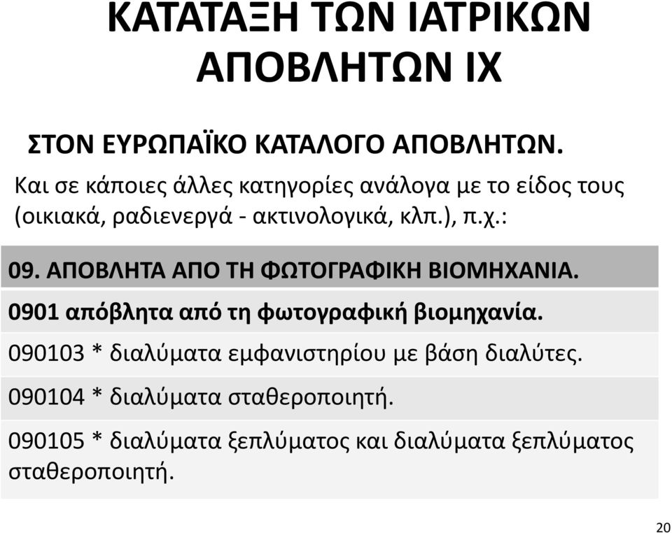 : 09. ΑΠΟΒΛΗΤΑ ΑΠΟ ΤΗ ΦΩΤΟΓΡΑΦΙΚΗ ΒΙΟΜΗΧΑΝΙΑ. 0901 απόβλητα από τη φωτογραφική βιομηχανία.