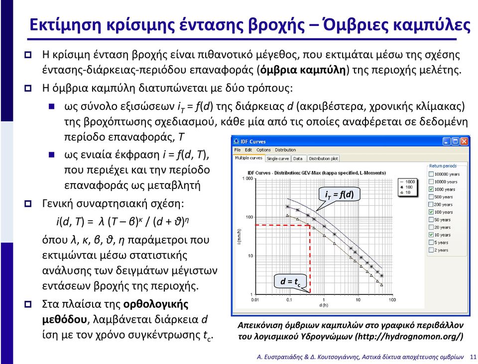 Η όμβρια καμπύλη διατυπώνεται με δύο τρόπους: ως σύνολο εξισώσεων i T = f(d) της διάρκειας d (ακριβέστερα, χρονικής κλίμακας) της βροχόπτωσης σχεδιασμού, κάθε μία από τις οποίες αναφέρεται σε