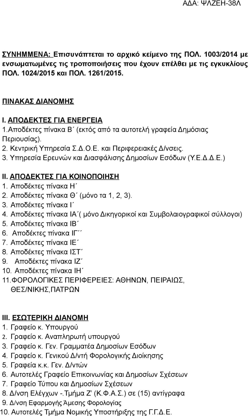 Υπηρεσία Ερευνών και Διασφάλισης Δημοσίων Εσόδων (Υ.Ε.Δ.Δ.Ε.) ΙΙ. ΑΠΟΔΕΚΤΕΣ ΓΙΑ ΚΟΙΝΟΠΟΙΗΣΗ 1. Αποδέκτες πίνακα Η 2. Αποδέκτες πίνακα Θ (μόνο τα 1, 2, 3). 3. Αποδέκτες πίνακα Ι 4.