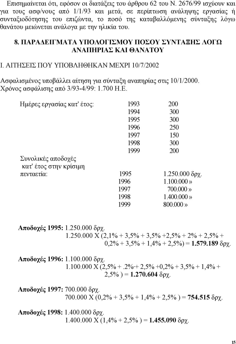 ηλικία του. 8. ΠΑΡΑΔΕΙΓΜΑΤΑ ΥΠΟΛΟΓΙΣΜΟΥ ΠΟΣΟΥ ΣΥΝΤΑΞΗΣ ΛΟΓΩ ΑΝΑΠΗΡΙΑΣ ΚΑΙ ΘΑΝΑΤΟΥ Ι. ΑΙΤΗΣΕΙΣ ΠΟΥ ΥΠΟΒΛΗΘΗΚΑΝ ΜΕΧΡΙ 10/7/2002 Ασφαλισμένος υποβάλλει αίτηση για σύνταξη αναπηρίας στις 10/1/2000.