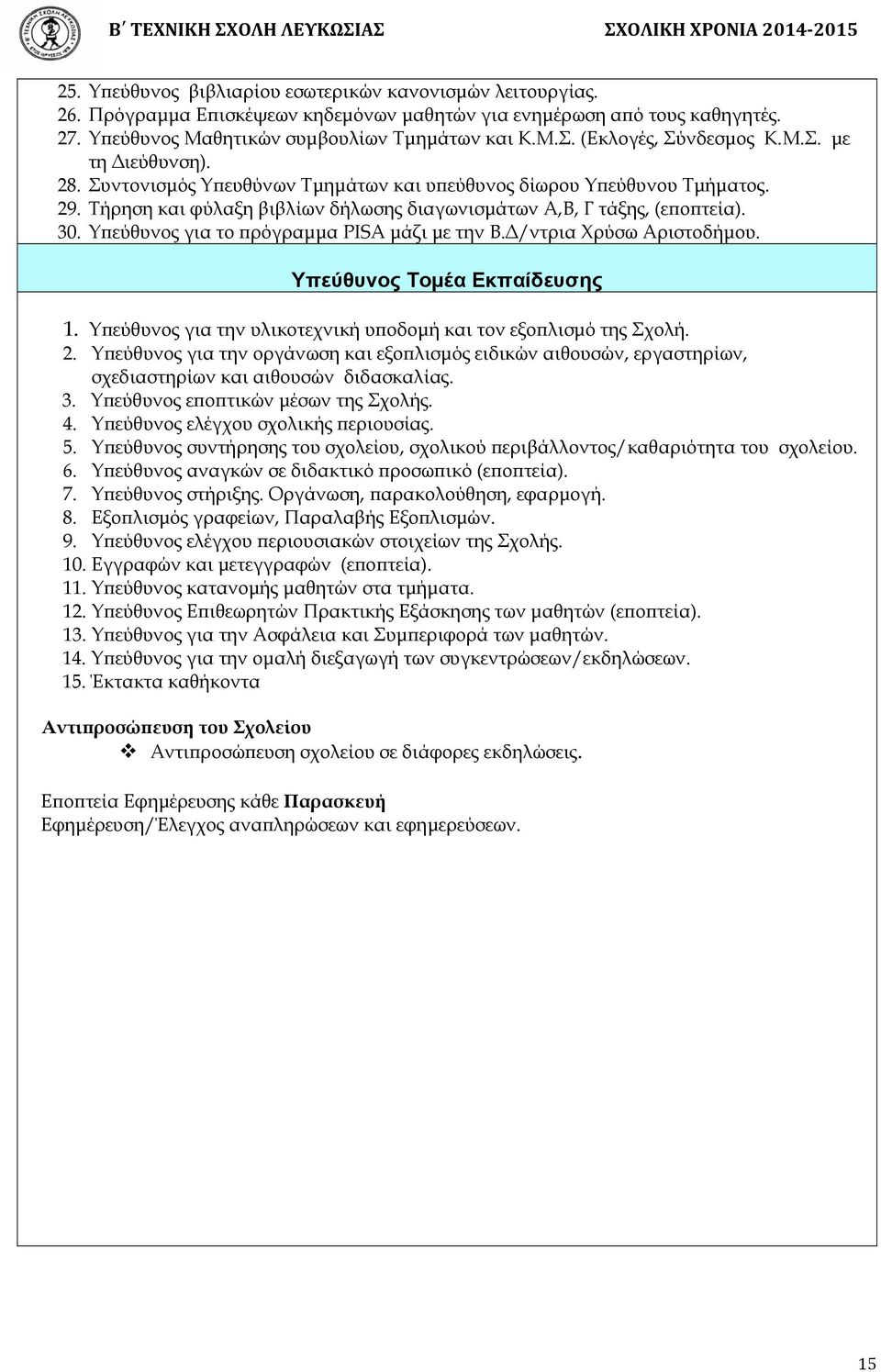 30. Υπεύθυνος για το πρόγραμμα PISA μάζι με την Β.Δ/ντρια Χρύσω Αριστοδήμου. Υπεύθυνος Τομέα Εκπαίδευσης 1. Υπεύθυνος για την υλικοτεχνική υποδομή και τον εξοπλισμό της Σχολή. 2.