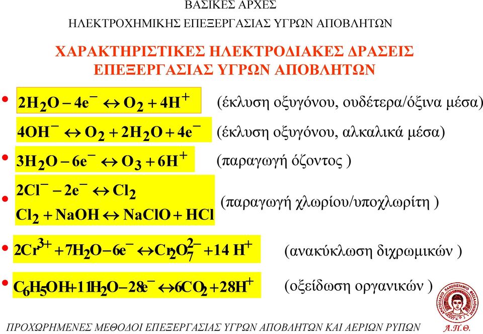 (παραγωγή όζοντος ) 2Cl 2e Cl 2 (παραγωγή χλωρίου/υποχλωρίτη ) Cl2 NaOH NaClO HCl 3 2 2 2 7 2Cr