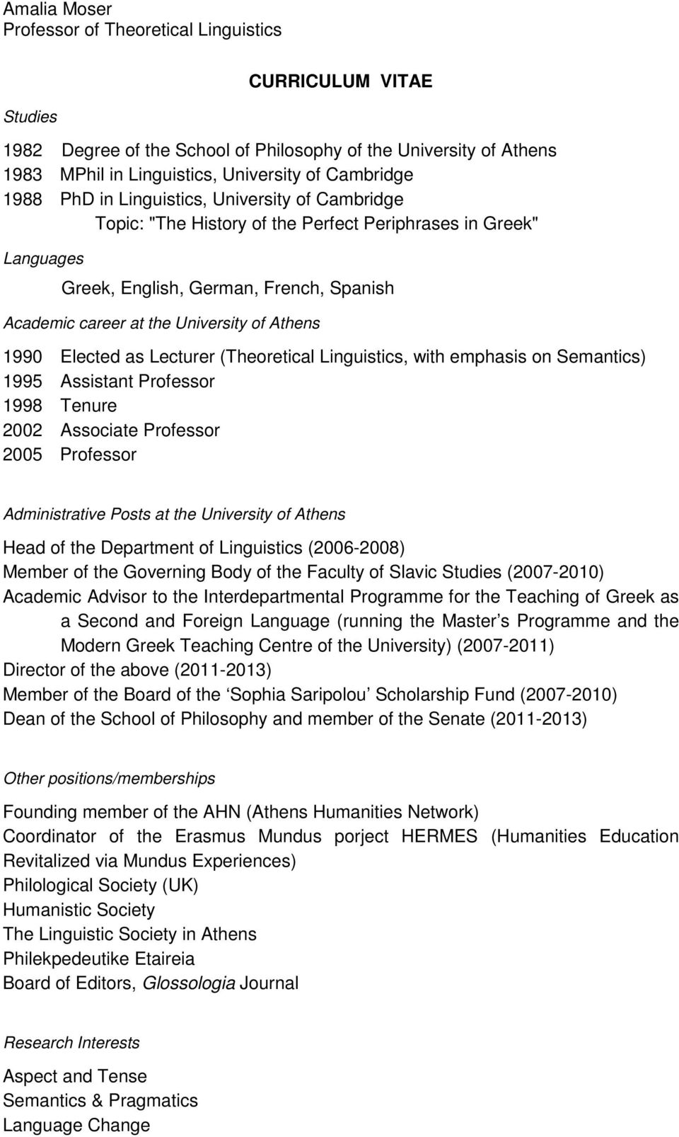 Elected as Lecturer (Theoretical Linguistics, with emphasis on Semantics) 1995 Assistant Professor 1998 Tenure 2002 Associate Professor 2005 Professor Administrative Posts at the University of Athens