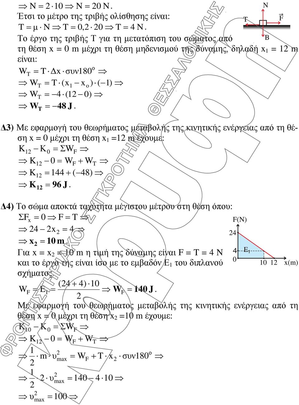 Δ3) Με εφαρμογή του θεωρήματος μεταβολής της κινητικής ενέργειας από τη θέση x = 0 μέχρι τη θέση x 1 =1 m έχουμε: K 1 Κ0 = ΣW K 1 0 = W + WT K 1 = 144 + ( 48) K 1 = 96 J.