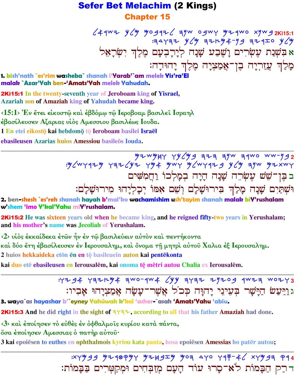 2Ki15:1 In the twenty-seventh year of Jeroboam king of Yisrael, Azariah son of Amaziah king of Yahudah became king.