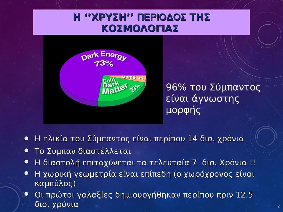 χρόνια Το Σύμπαν διαστέλλεται Η διαστολή επιταχύνεται τα τελευταία 7 δισ. Χρόνια!