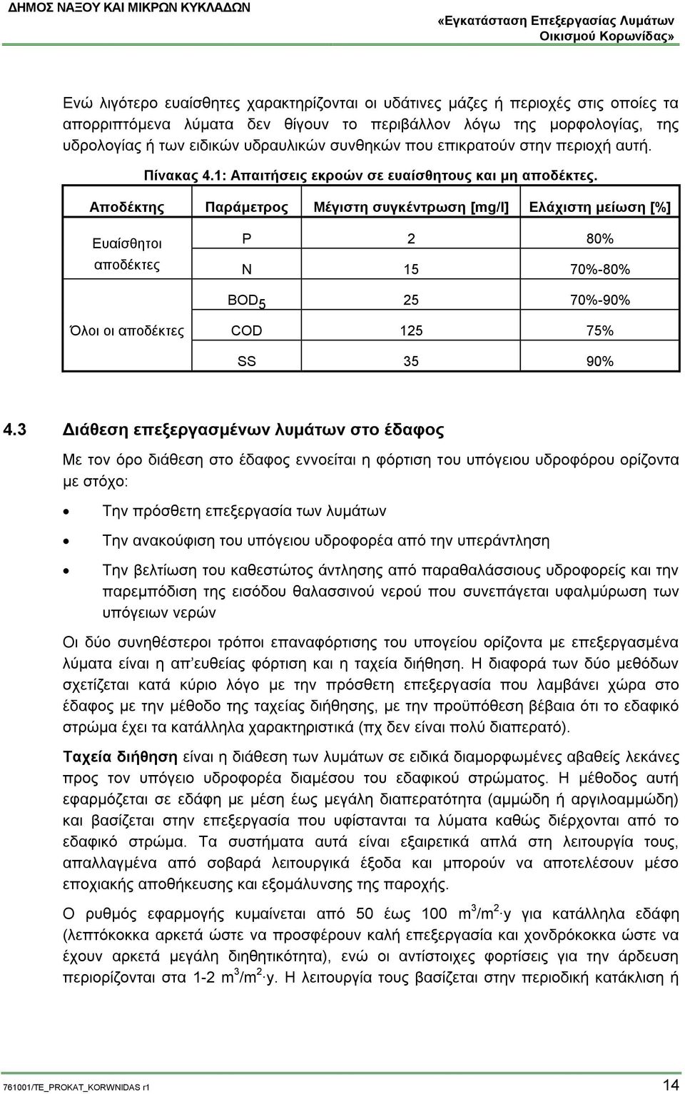 Αποδέκτης Παράμετρος Μέγιστη συγκέντρωση [mg/l] Ελάχιστη μείωση [%] Ευαίσθητοι αποδέκτες P 2 80% N 15 70%-80% ΒΟD 5 25 70%-90% Όλοι οι αποδέκτες COD 125 75% SS 35 90% 4.