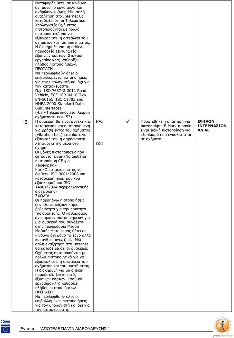 Η διακήρυξη για μη critical παραδοτέα (εκτυπωτές έξυπνων καρτών, Σταθμοί εργασίας κλπ) καθορίζει πλήθος πιστοποιήσεων.