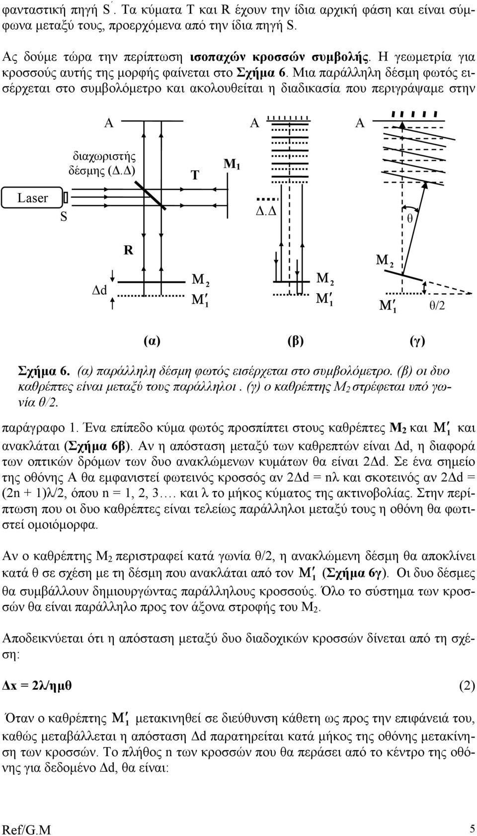 θ Μ d Μ Μ θ/ (α) (β) (γ) Σχήµα 6. (α) παράλληλη δέσµη φωτός εισέρχεται στο συµβολόµετρο. (β) οι δυο καθρέπτες είναι µεταξύ τους παράλληλοι. (γ) ο καθρέπτης Μ στρέφεται υπό γωνία θ/. παράγραφο.