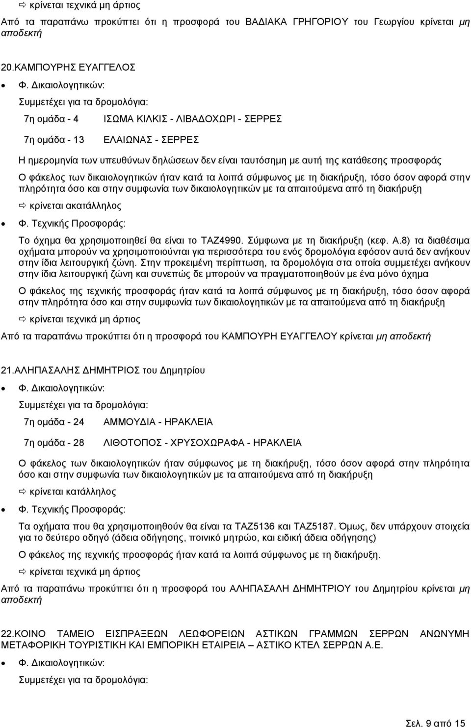 δικαιολογητικών ήταν κατά τα λοιπά σύμφωνος με τη διακήρυξη, τόσο όσον αφορά στην πληρότητα κρίνεται ακατάλληλος Το όχημα θα χρησιμοποιηθεί θα είναι το ΤΑΖ4990. Σύμφωνα με τη διακήρυξη (κεφ. Α.