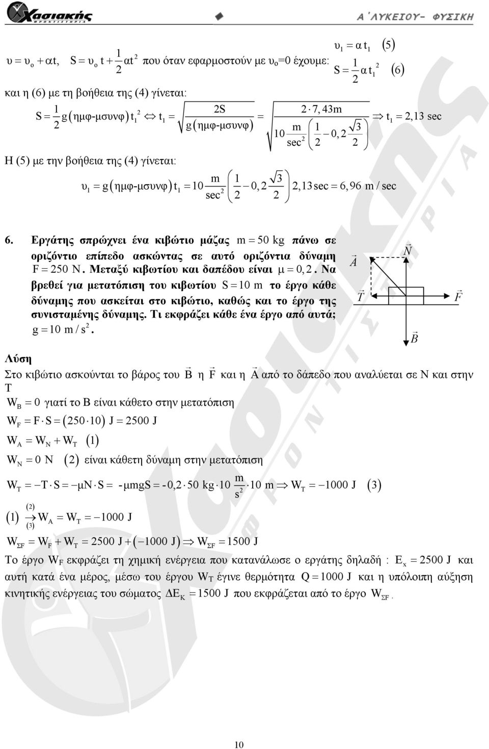 Μεταξύ κιβωτίου και δαπέδου είναι,. Να βρεθεί για μετατόπιση του κιβωτίου S m το έργο κάθε δύναμης που ασκείται στο κιβώτιο, καθώς και το έργο της συνισταμένης δύναμης.