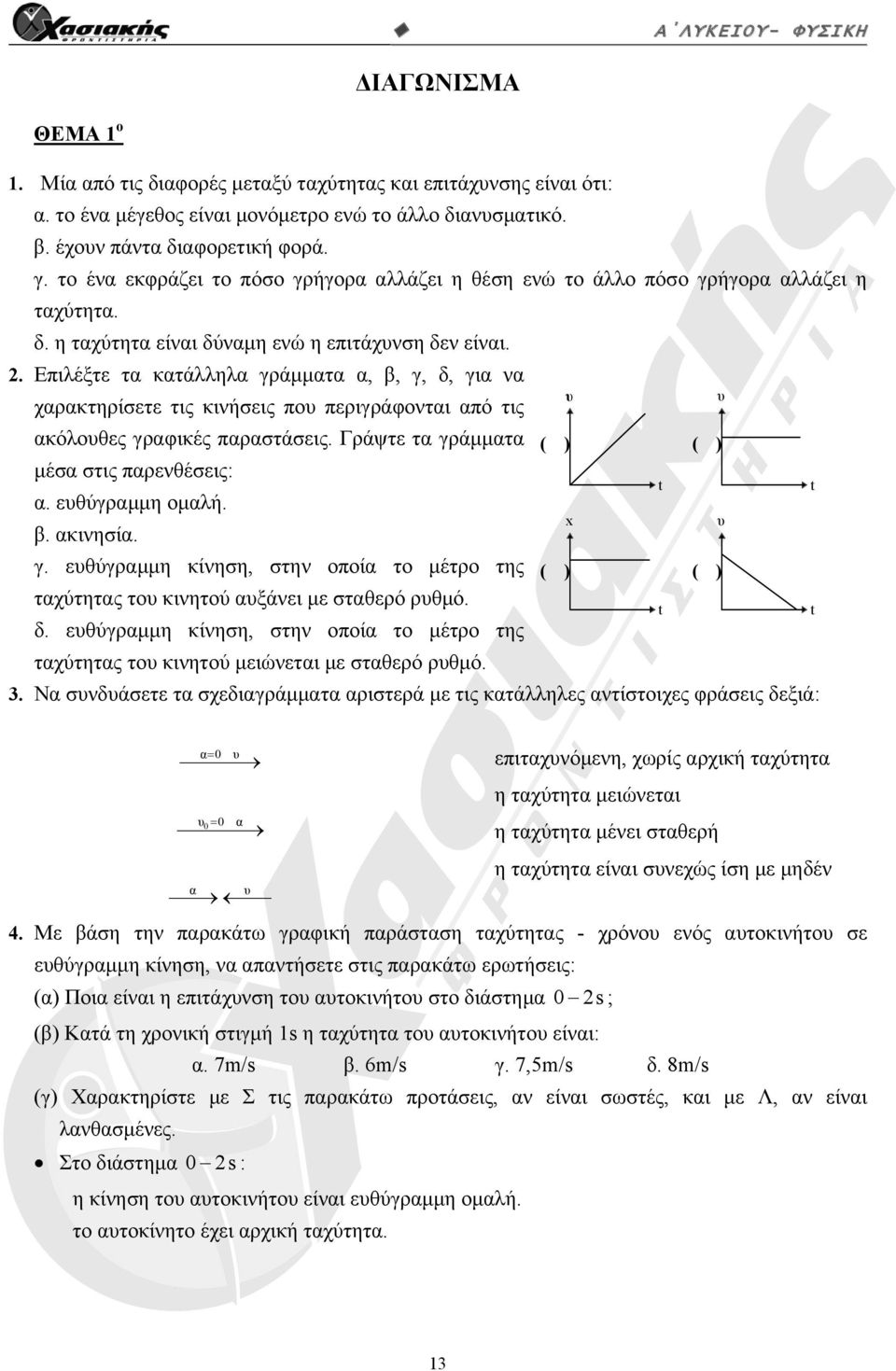 . Επιλέξτε τα κατάλληλα γράμματα α, β, γ, δ, για να χαρακτηρίσετε τις κινήσεις που περιγράφονται από τις ακόλουθες γραφικές παραστάσεις. Γράψτε τα γράμματα μέσα στις παρενθέσεις: α. ευθύγραμμη ομαλή.