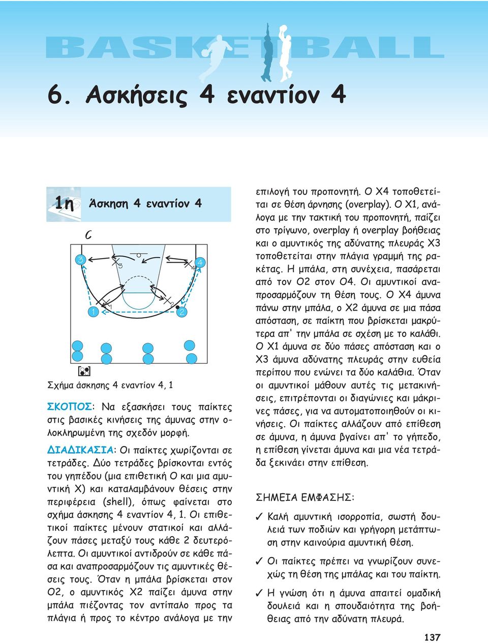 Δύο τετράδες βρίσκονται εντός του γηπέδου (μια επιθετική Ο και μια αμυντική Χ) και καταλαμβάνουν θέσεις στην περιφέρεια (shell), όπως φαίνεται στο σχήμα άσκησης 4 εναντίον 4, 1.