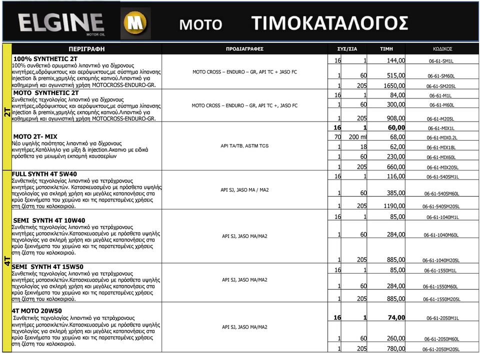 MOTO CROSS ENDURO GR, API TC + JASO FC MOTO SYNTHETIC 2Τ 2T Συνθετικής τεχνολογίας λιπαντικό για δίχρονους κινητήρες,υδρόψυκτους και αερόψυκτους,με σύστημα λίπανσης injection & premix,χαμηλής