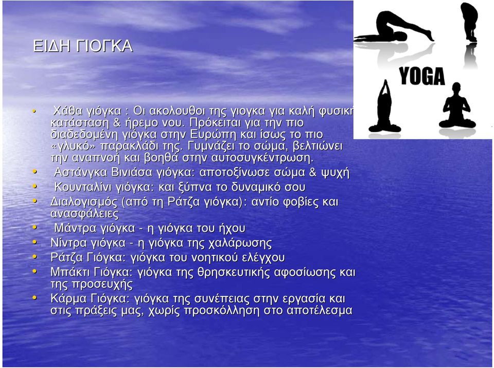 Αστάνγκα Βινιάσα γιόγκα: αποτοξίνωσε σώμα & ψυχή Κουνταλίνι γιόγκα: και ξύπνα το δυναμικό σου ιαλογισμός (από τη Ράτζα γιόγκα): αντίο φοβίες και ανασφάλειες Μάντρα γιόγκα -