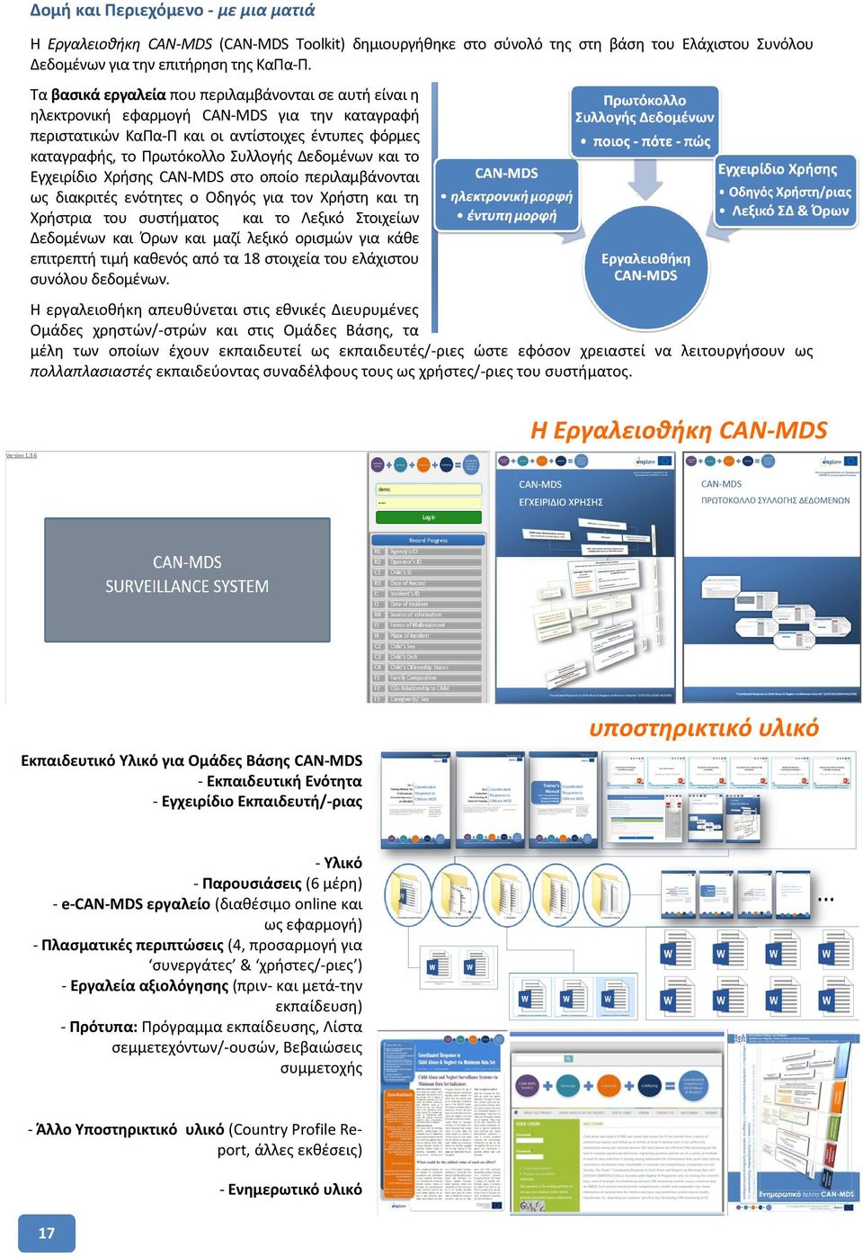 Δεδομένων και το Εγχειρίδιο Χρήσης CAN-MDS στο οποίο περιλαμβάνονται ως διακριτές ενότητες ο Οδηγός για τον Χρήστη και τη Χρήστρια του συστήματος και το Λεξικό Στοιχείων Δεδομένων και Όρων και μαζί