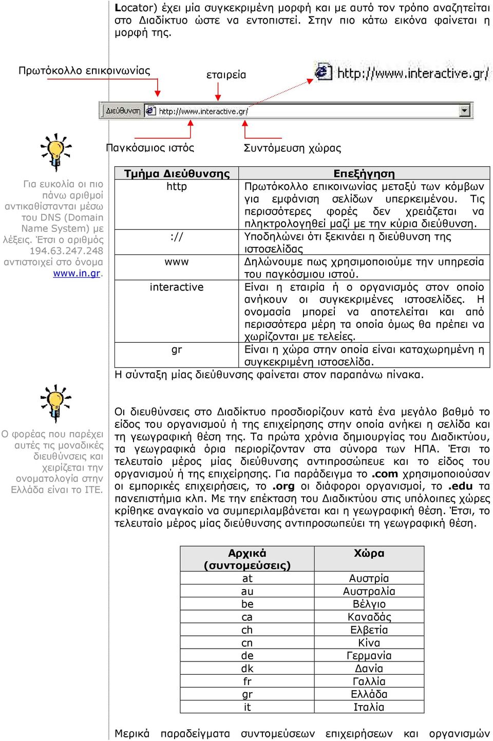 248 αντιστοιχεί στο όνοµα www.in.gr. Τµήµα ιεύθυνσης Επεξήγηση http Πρωτόκολλο επικοινωνίας µεταξύ των κόµβων για εµφάνιση σελίδων υπερκειµένου.