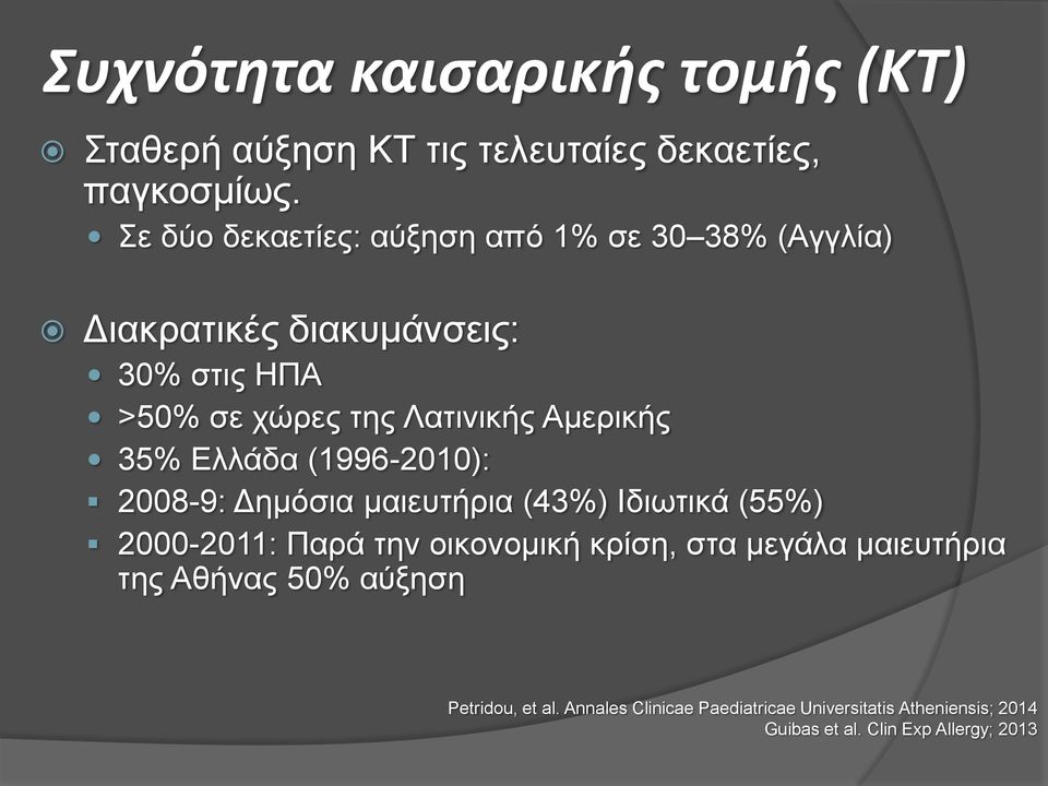 Αμερικής 35% Ελλάδα (1996-2010): 2008-9: Δημόσια μαιευτήρια (43%) Ιδιωτικά (55%) 2000-2011: Παρά την οικονομική κρίση,
