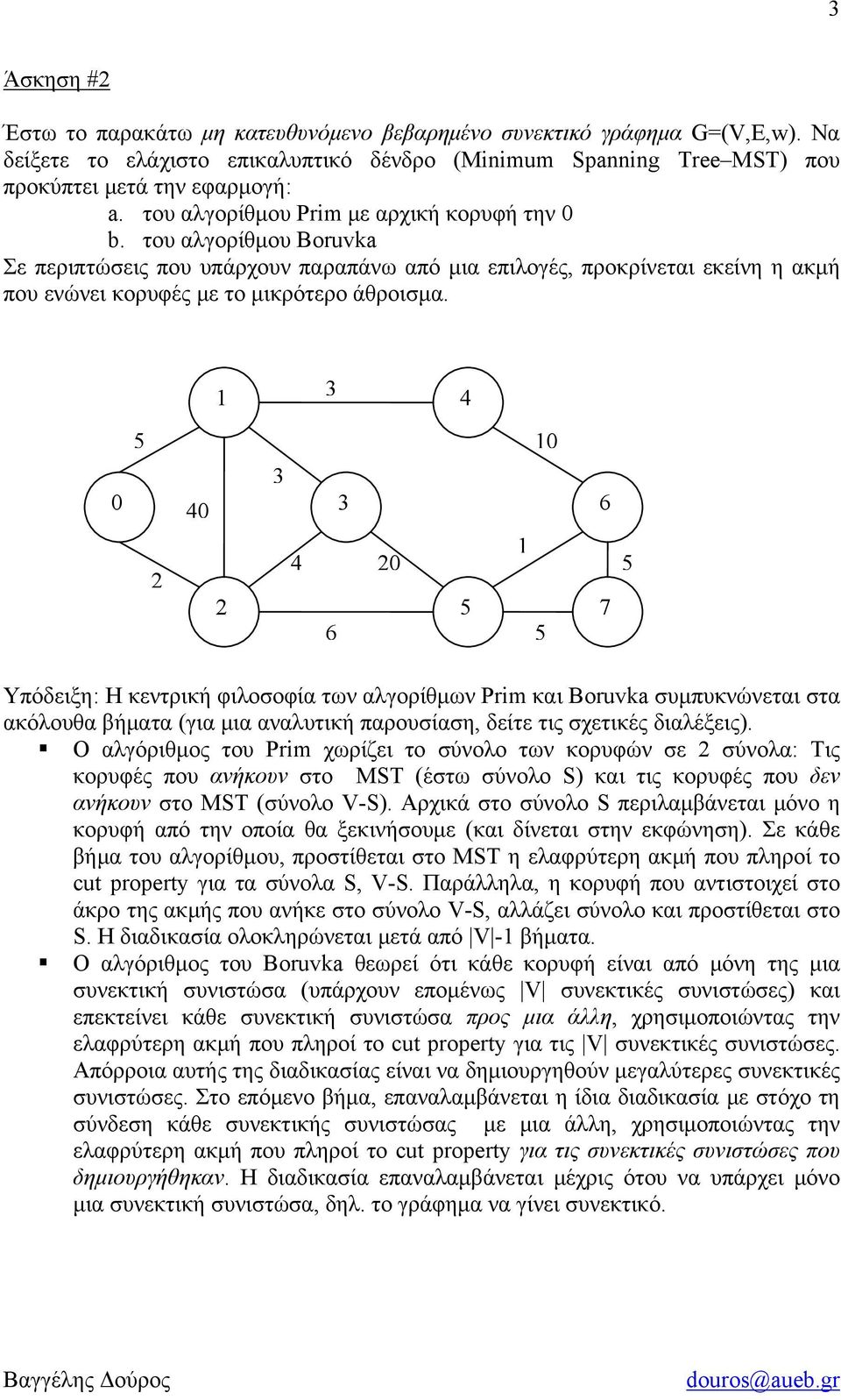 7 Υπόδειξη: Η κεντρική φιλοσοφία των αλγορίθμων Prim και Boruvka συμπυκνώνεται στα ακόλουθα βήματα (για μια αναλυτική παρουσίαση, δείτε τις σχετικές διαλέξεις).