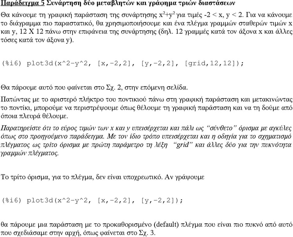 12 γραμμές κατά τον άξονα x και άλλες τόσες κατά τον άξονα y). (%i6) plot3d(x^2-y^2, [x,-2,2], [y,-2,2], [grid,12,12]); Θα πάρουμε αυτό που φαίνεται στο Σχ. 2, στην επόμενη σελίδα.