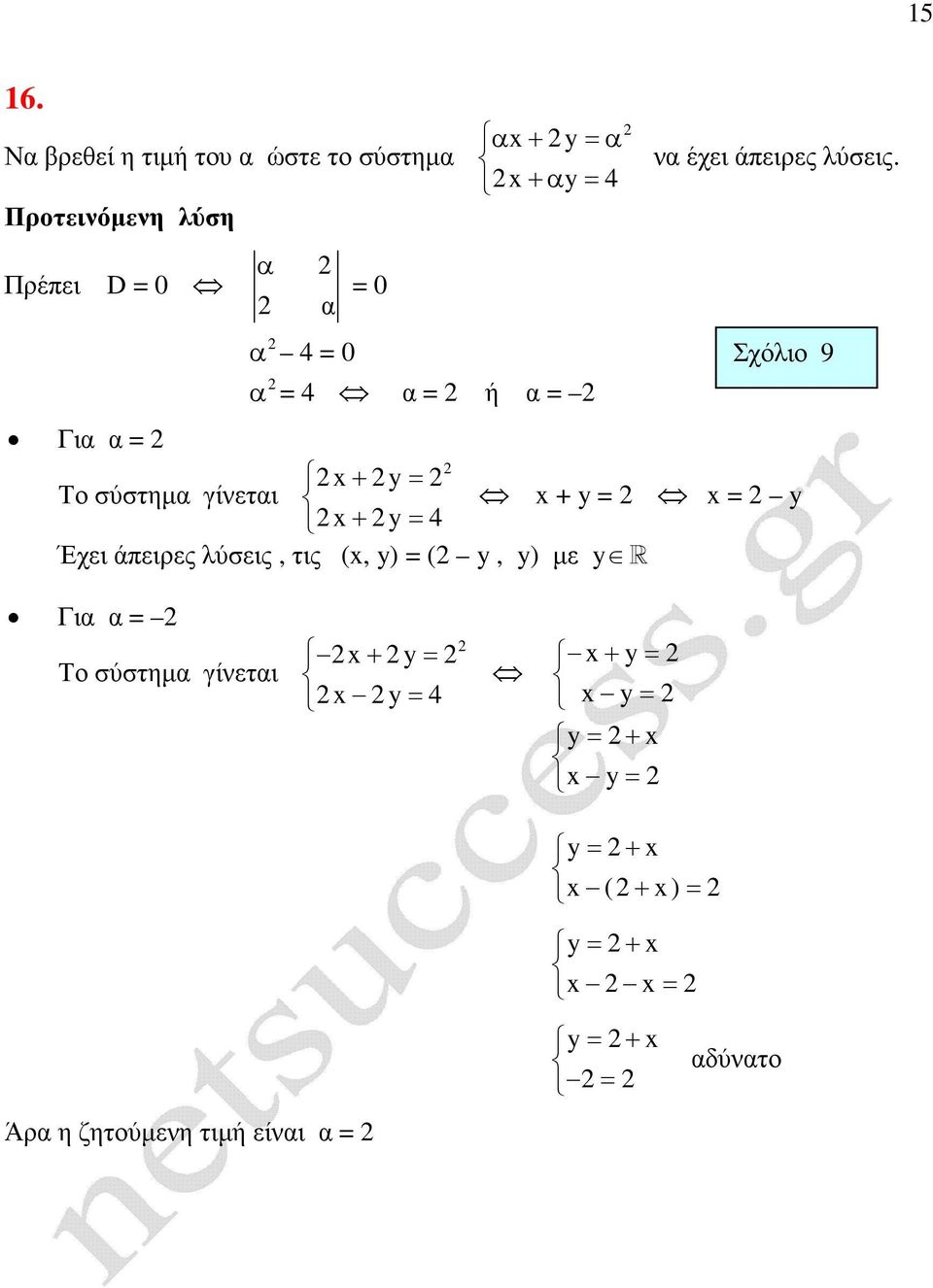 Σχόλιο 9 Για α = + y= Το σύστηµα γίνεται + y = = y + y= 4 Έχει άπειρες λύσεις, τις (, y)