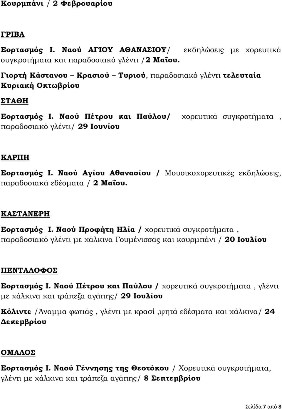 Ναού Πέτρου και Παύλου/ χορευτικά συγκροτήματα, παραδοσιακό γλέντι/ 29 Ιουνίου ΚΑΡΠΗ Εορτασμός Ι. Ναού Αγίου Αθανασίου / Μουσικοχορευτικές εκδηλώσεις, παραδοσιακά εδέσματα / 2 Μαΐου.