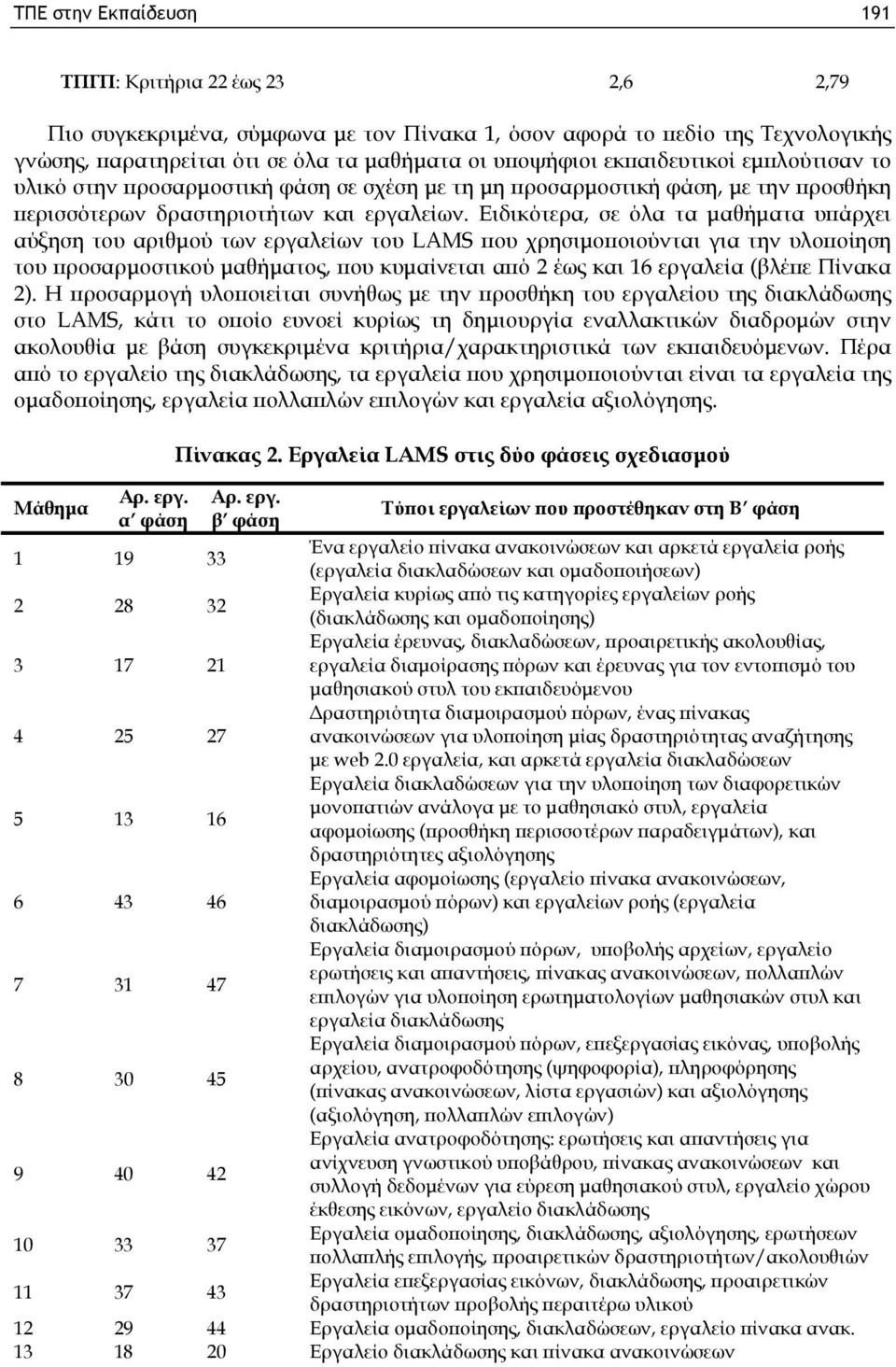 Ειδικότερα, σε όλα τα μαθήματα υπάρχει αύξηση του αριθμού των εργαλείων του LAMS που χρησιμοποιούνται για την υλοποίηση του προσαρμοστικού μαθήματος, που κυμαίνεται από 2 έως και 16 εργαλεία (βλέπε