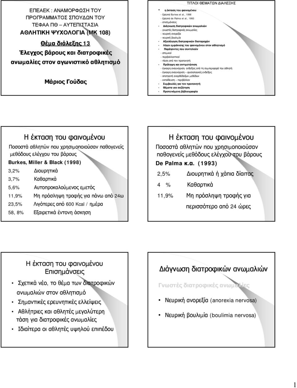 , 1993 - επισηµάνσεις ιάγνωση διατροφικών - γνωστές διατροφικές ανωµαλίες - νευρική ανορεξία - νευρική βουλιµία Αξιολόγηση διατροφικών διαταραχών ΤΙΤΛΟΙ ΘΕΜΑΤΩΝ ΙΑΛΕΞΗΣ Λόγοι εµφάνισης του φαινοµένου