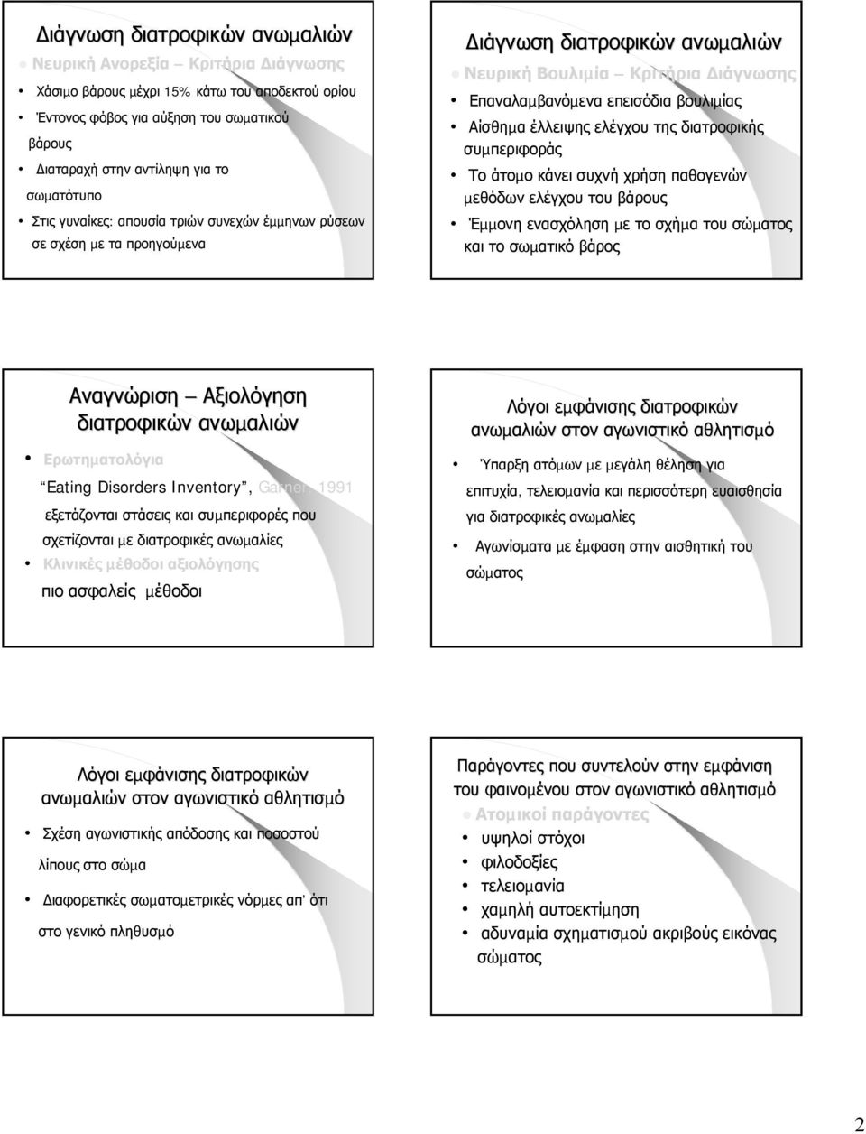 διατροφικής συµπεριφοράς Το άτοµο κάνει συχνή χρήση παθογενών µεθόδων ελέγχου του βάρους Έµµονη ενασχόληση µε το σχήµα του σώµατος και το σωµατικό βάρος Αναγνώριση Αξιολόγηση διατροφικών