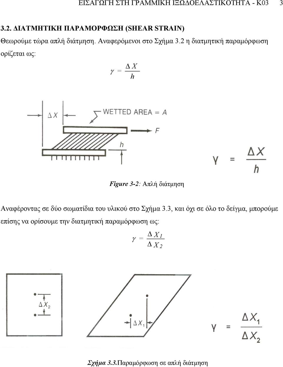 2 η διατµητική παραµόρφωση ορίζεται ως: γ = X h Figur 3-2: Απλή διάτµηση Αναφέροντας σε δύο σωµατίδια